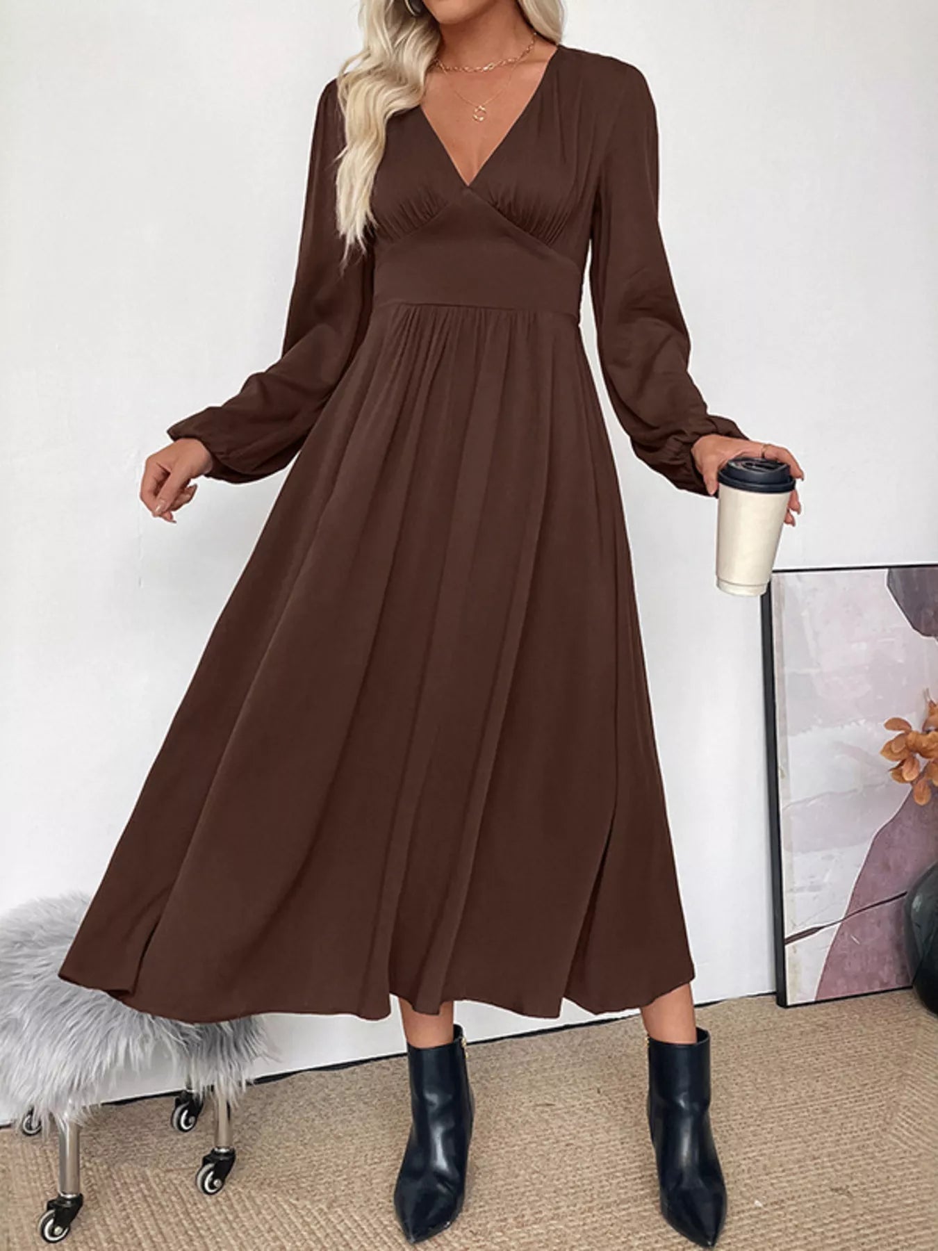 V - Neck Long Sleeve A - Line Midi Dress - MAD RUFFI