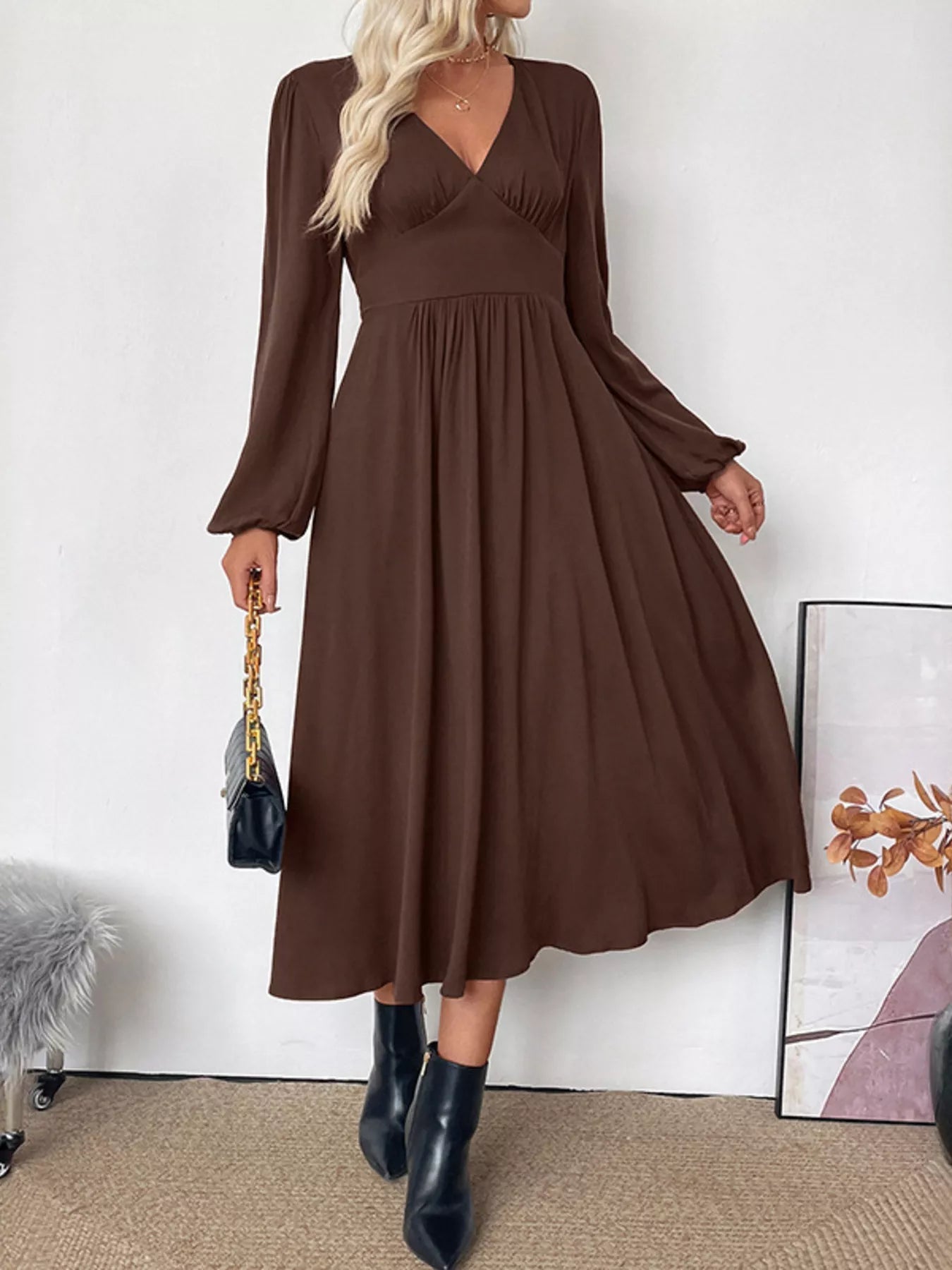 V - Neck Long Sleeve A - Line Midi Dress - MAD RUFFI