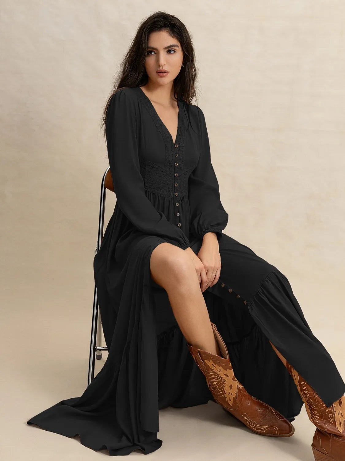 V - Neck Long Sleeve Dress - MAD RUFFI