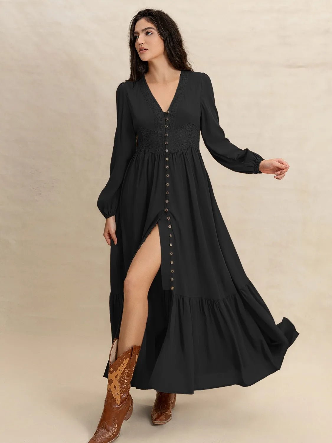V - Neck Long Sleeve Dress - MAD RUFFI