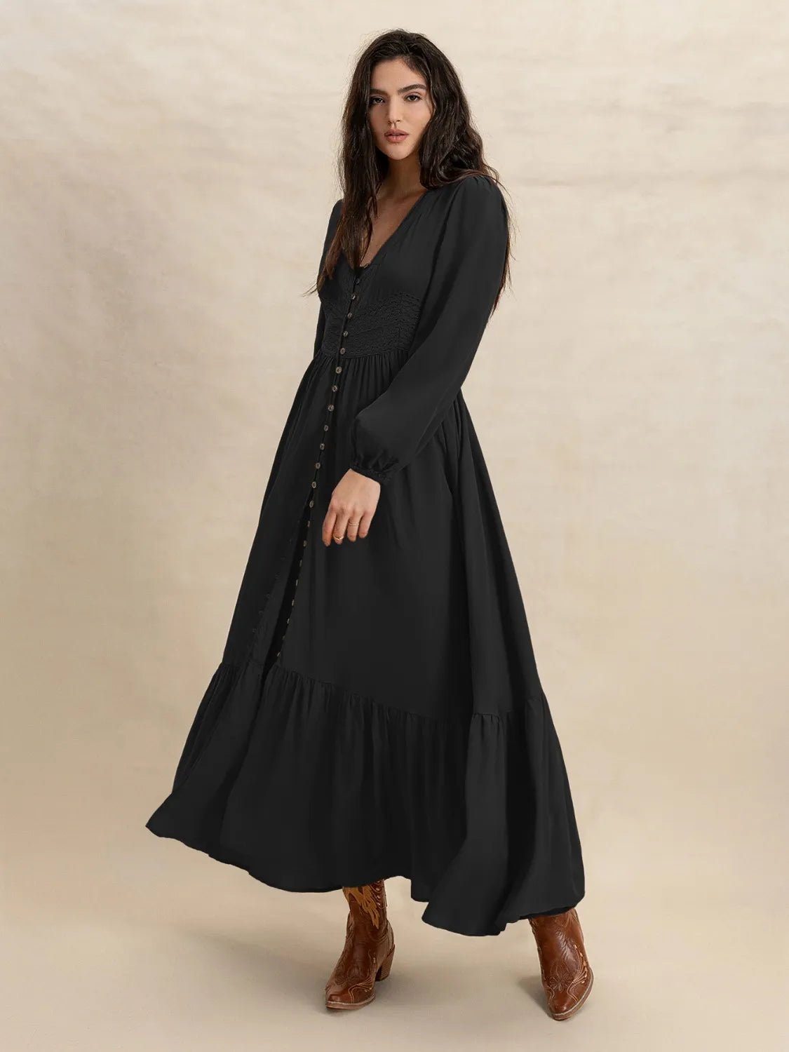 V - Neck Long Sleeve Dress - MAD RUFFI