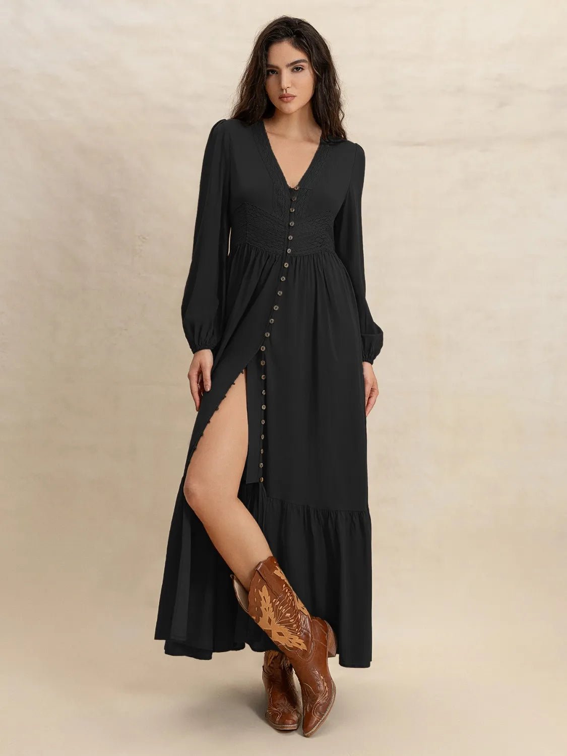 V - Neck Long Sleeve Dress - MAD RUFFI