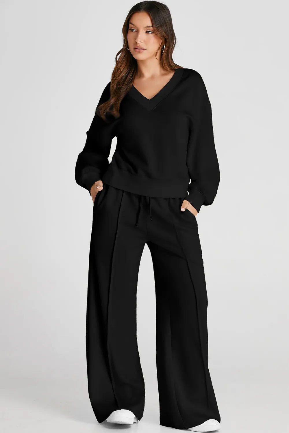 V - Neck Long Sleeve Top and Pants Active Set - MAD RUFFI