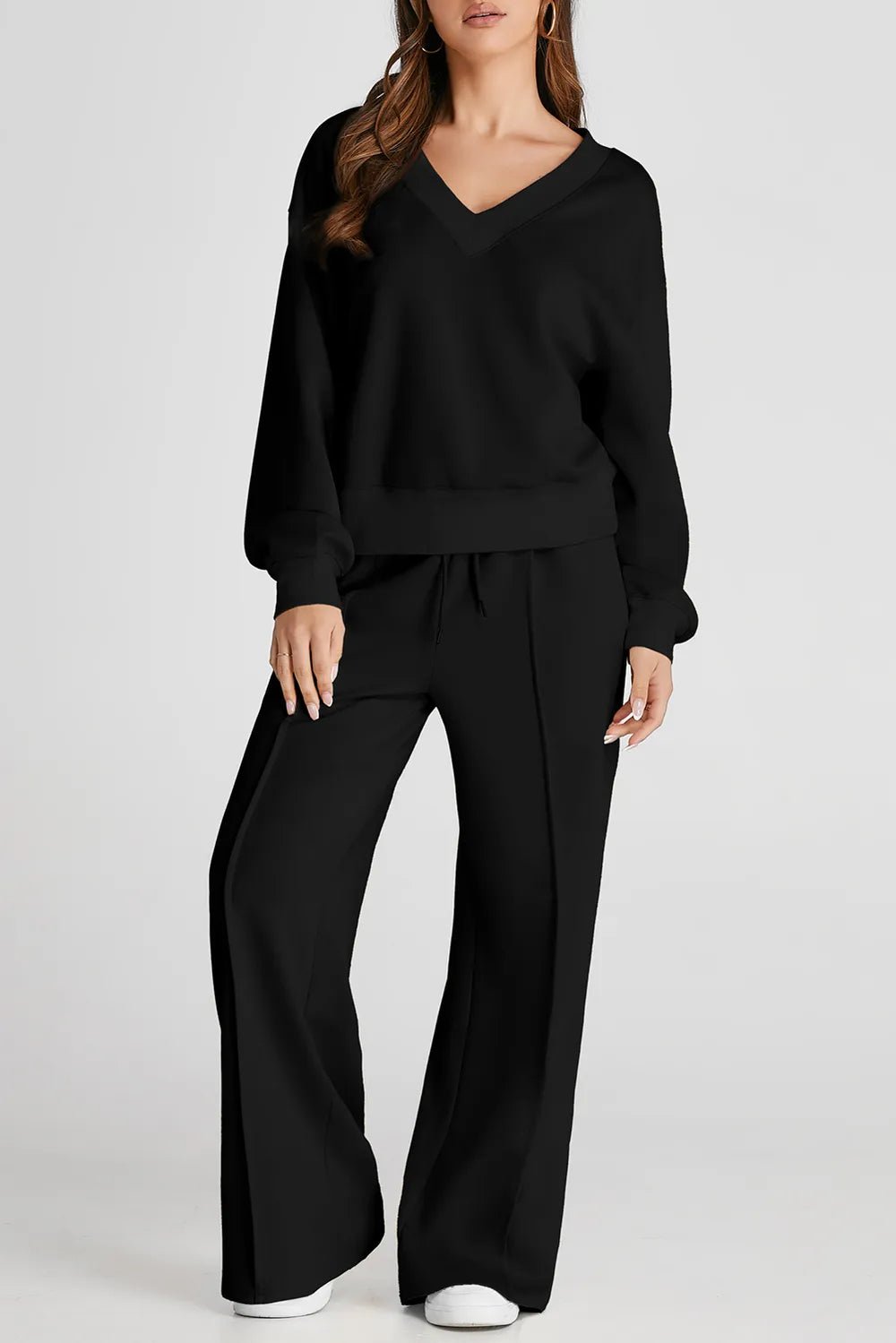 V - Neck Long Sleeve Top and Pants Active Set - MAD RUFFI