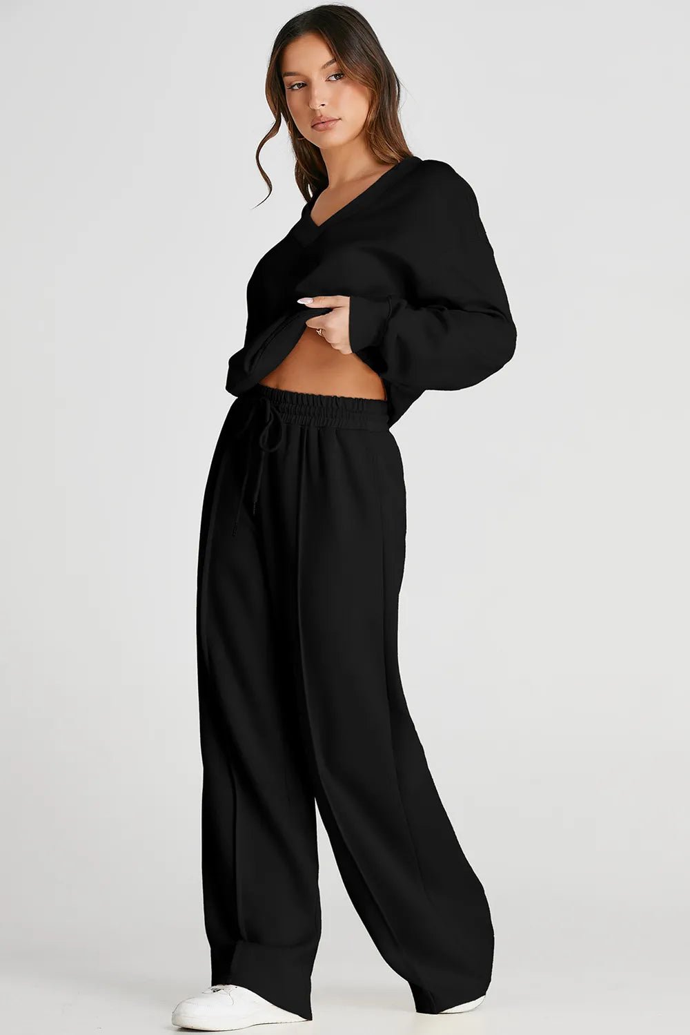V - Neck Long Sleeve Top and Pants Active Set - MAD RUFFI