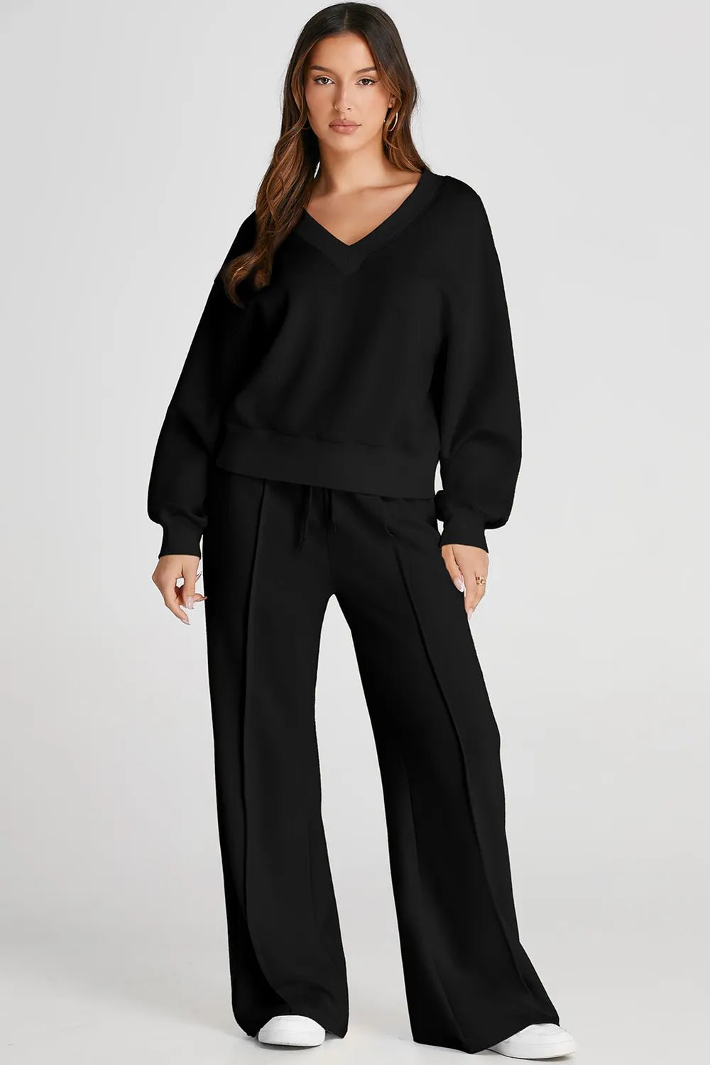 V - Neck Long Sleeve Top and Pants Active Set - MAD RUFFI