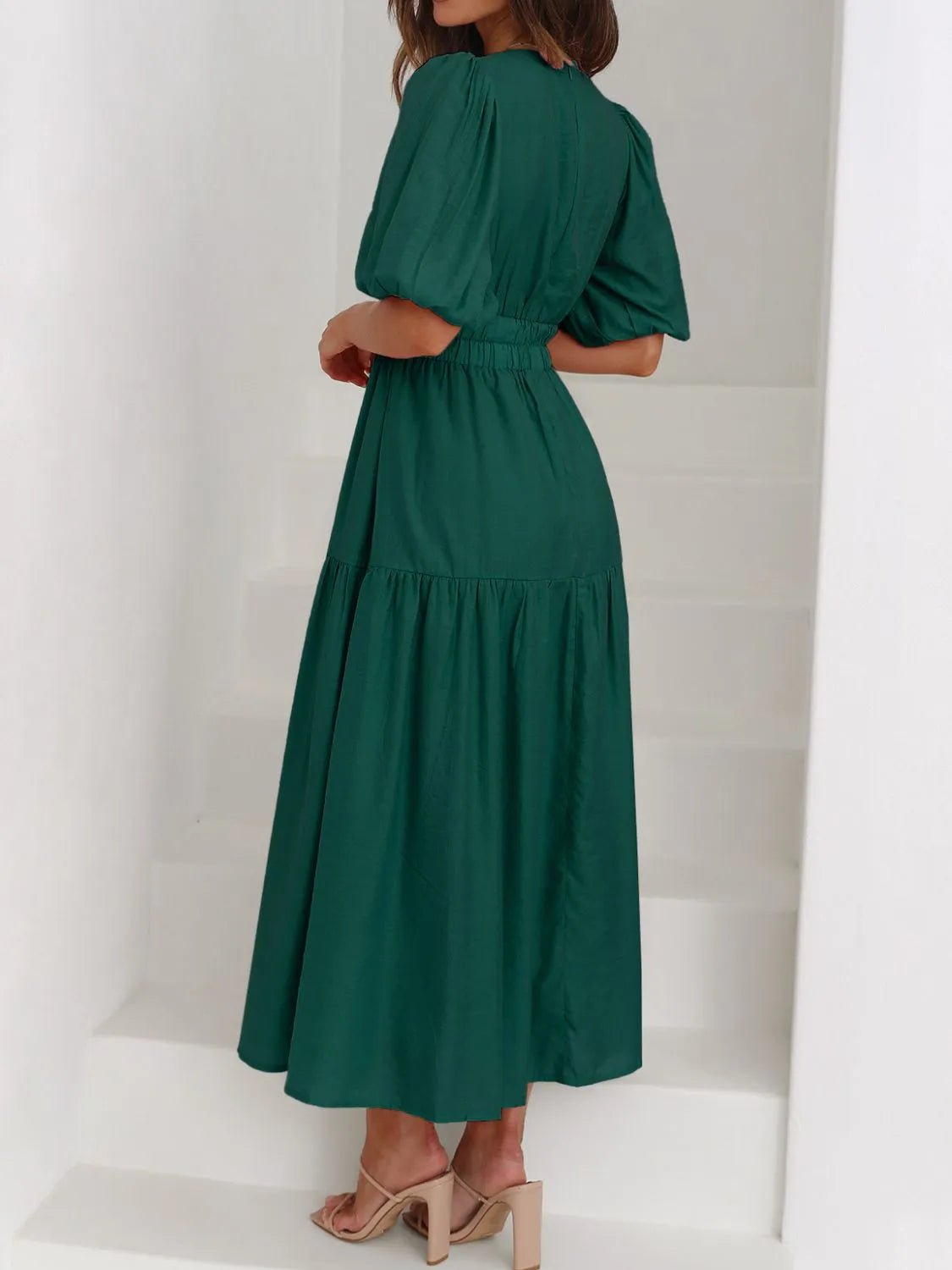 V - Neck Puff Sleeve Midi Dress - MAD RUFFI