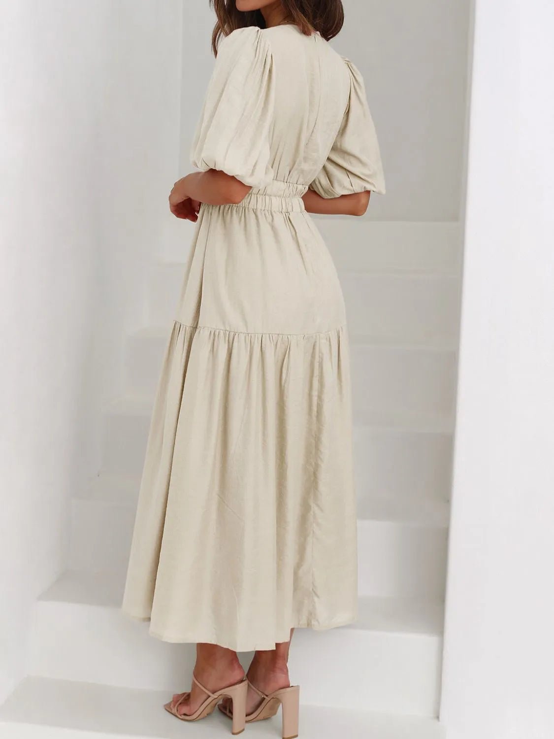 V - Neck Puff Sleeve Midi Dress - MAD RUFFI