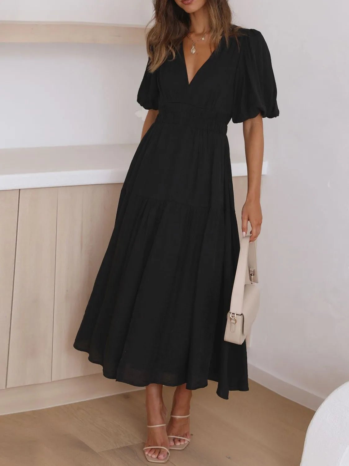 V - Neck Puff Sleeve Midi Dress - MAD RUFFI