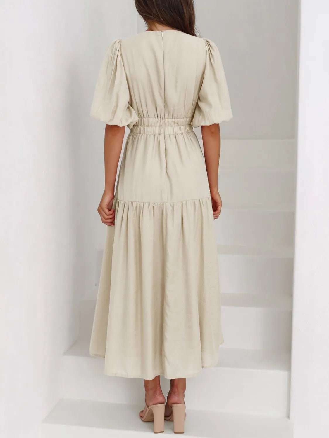 V - Neck Puff Sleeve Midi Dress - MAD RUFFI