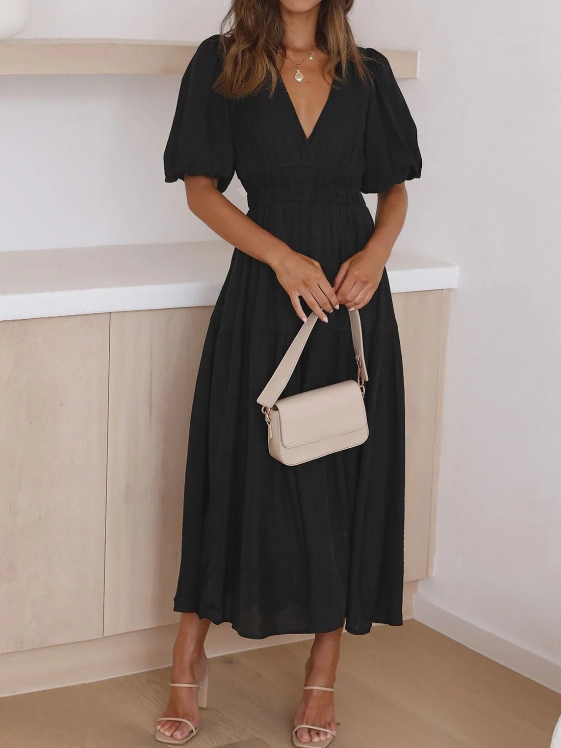 V - Neck Puff Sleeve Midi Dress - MAD RUFFI