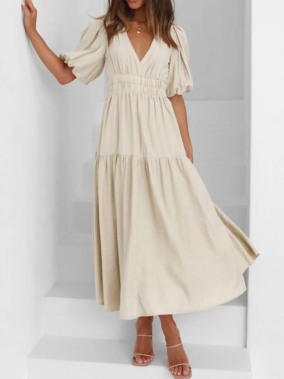 V - Neck Puff Sleeve Midi Dress - MAD RUFFI
