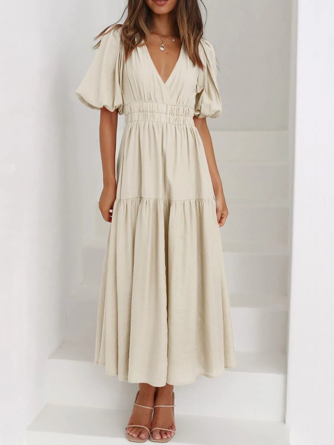 V - Neck Puff Sleeve Midi Dress - MAD RUFFI