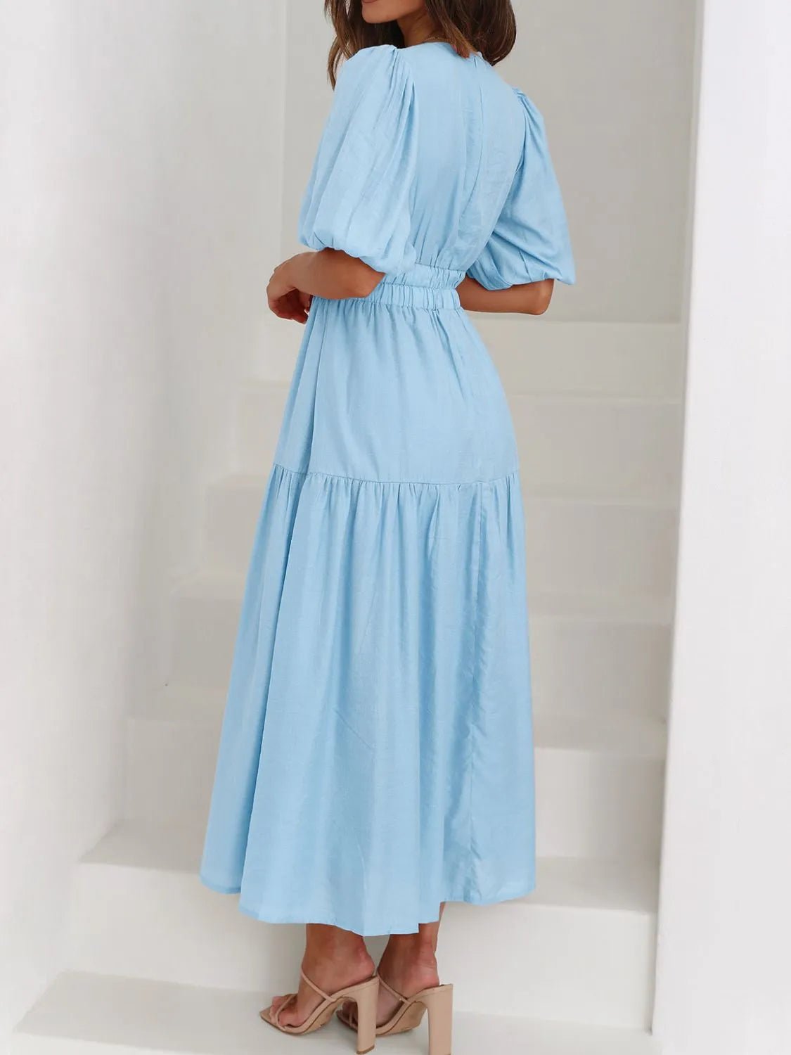 V - Neck Puff Sleeve Midi Dress - MAD RUFFI