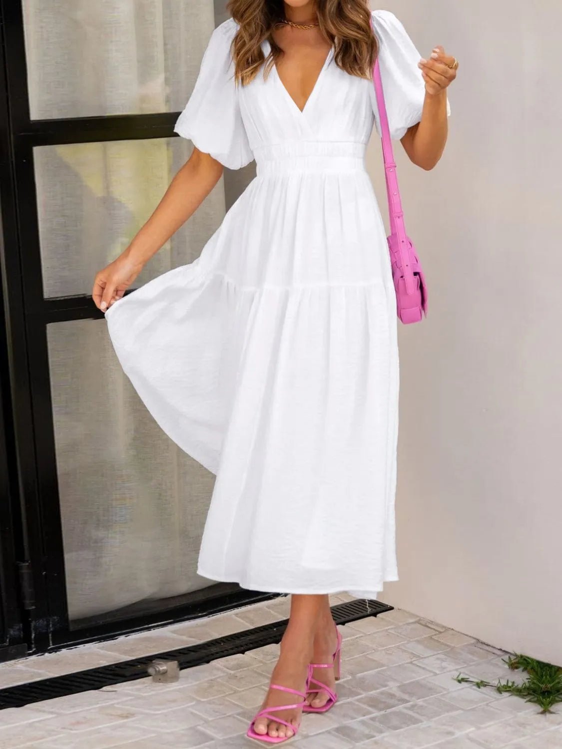 V - Neck Puff Sleeve Midi Dress - MAD RUFFI