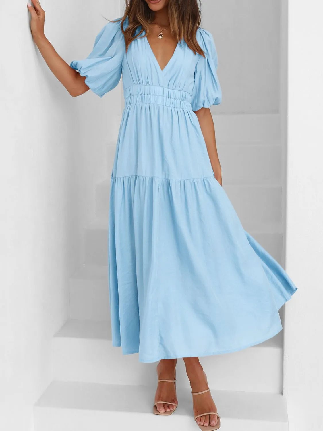 V - Neck Puff Sleeve Midi Dress - MAD RUFFI