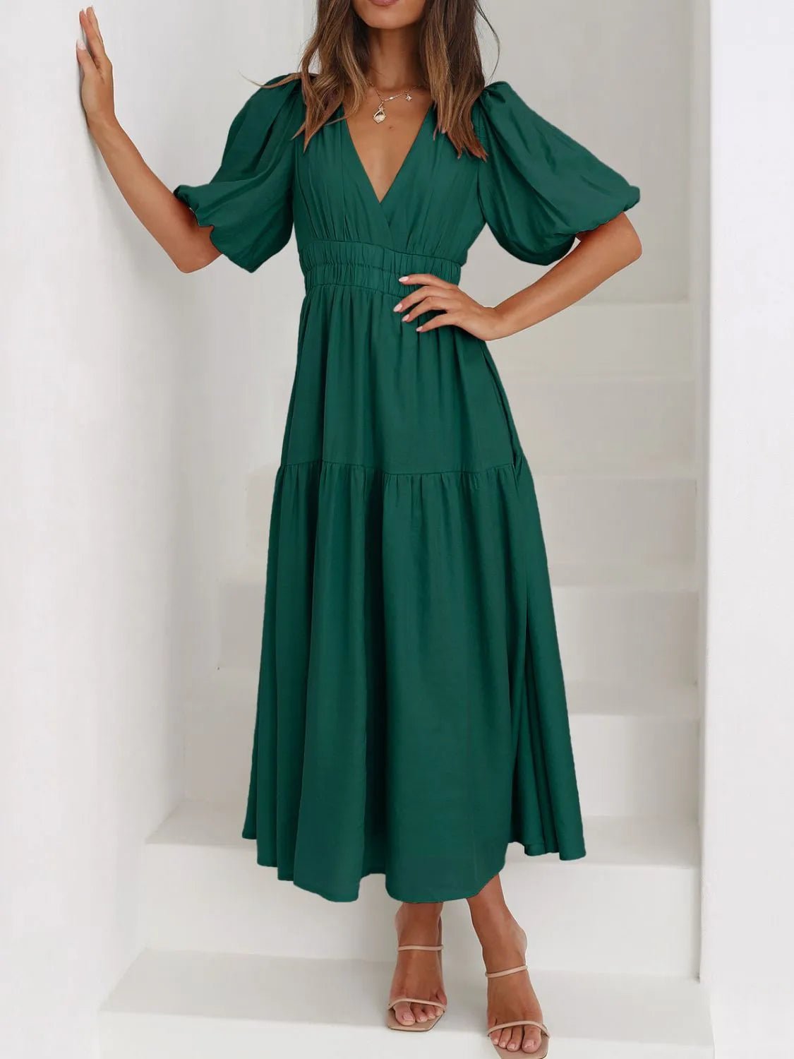 V - Neck Puff Sleeve Midi Dress - MAD RUFFI