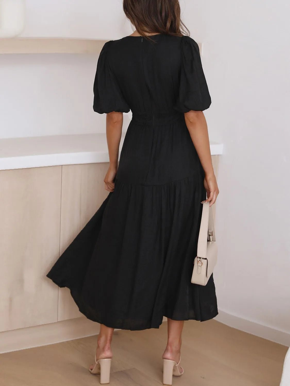 V - Neck Puff Sleeve Midi Dress - MAD RUFFI