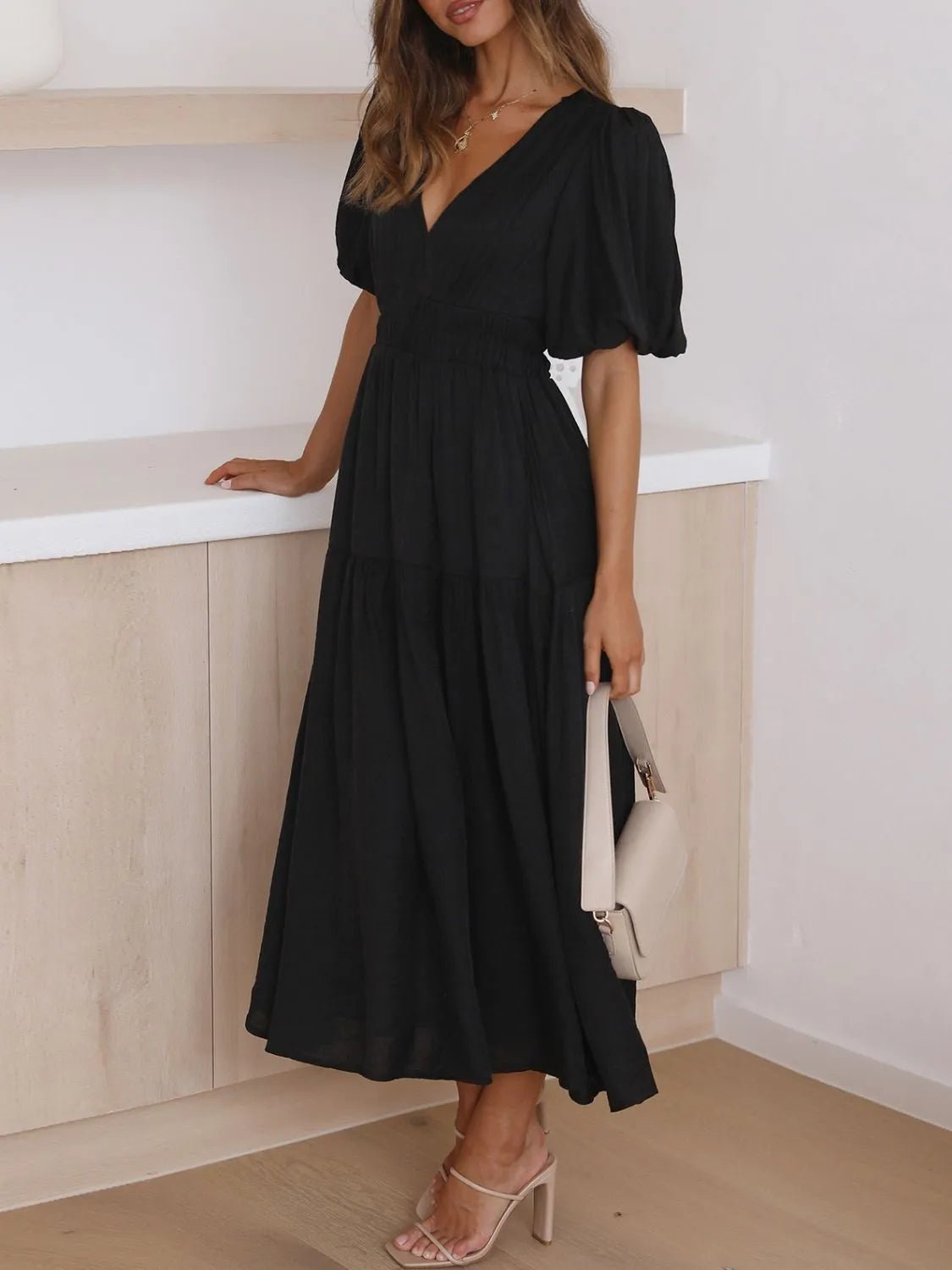 V - Neck Puff Sleeve Midi Dress - MAD RUFFI