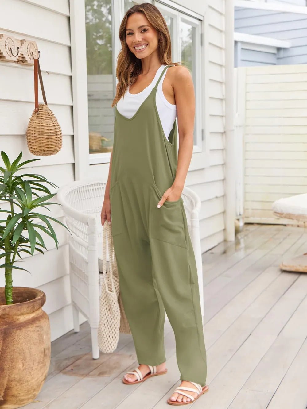 V - Neck Spaghetti Strap Jumpsuit - MAD RUFFI