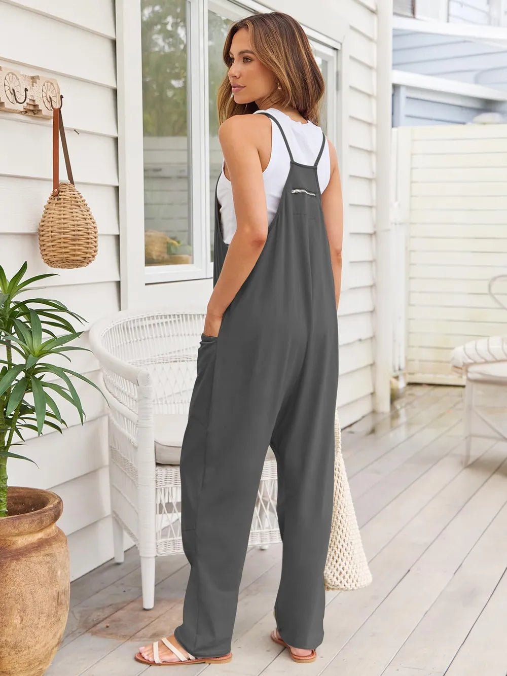 V - Neck Spaghetti Strap Jumpsuit - MAD RUFFI
