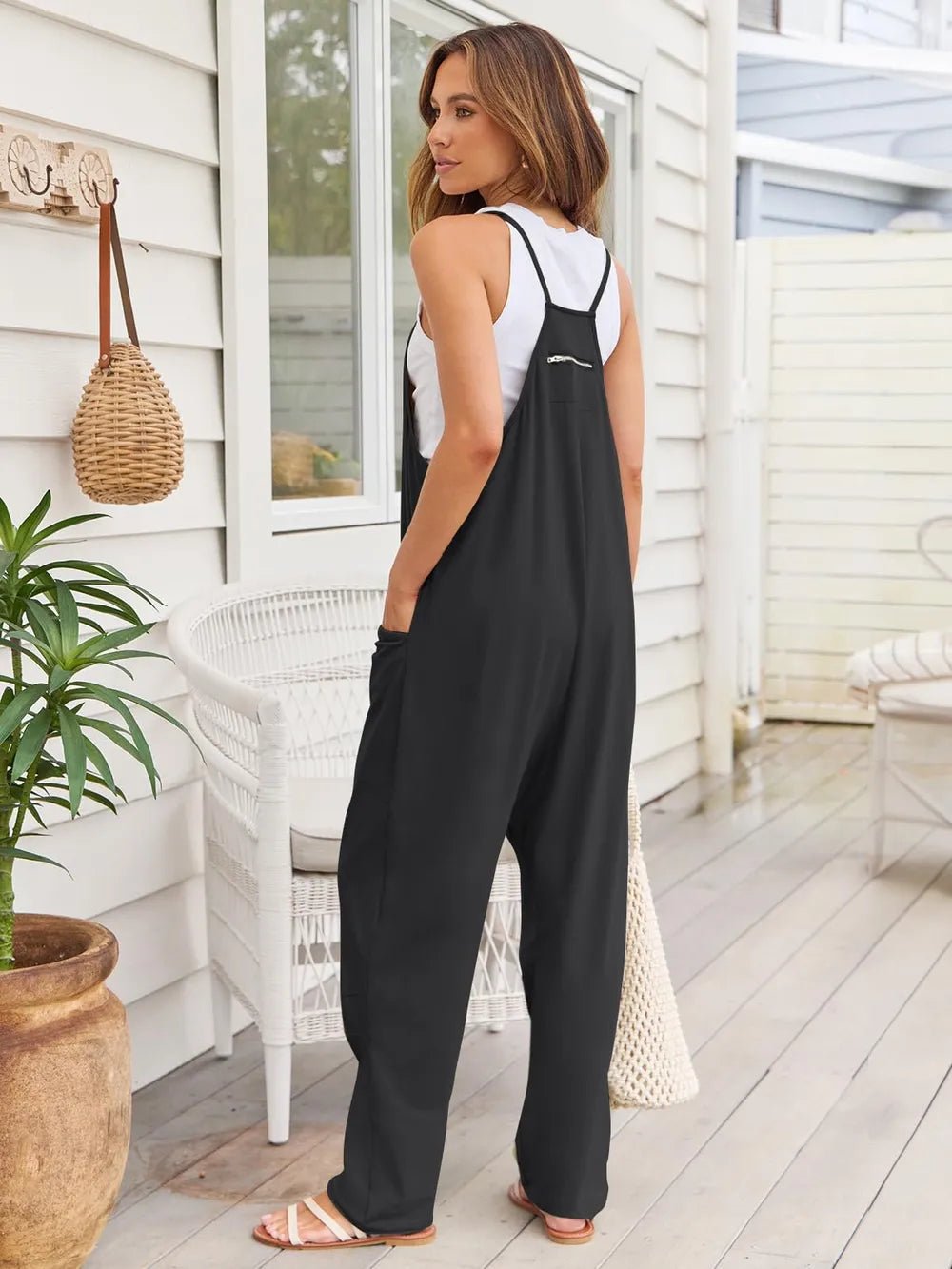 V - Neck Spaghetti Strap Jumpsuit - MAD RUFFI