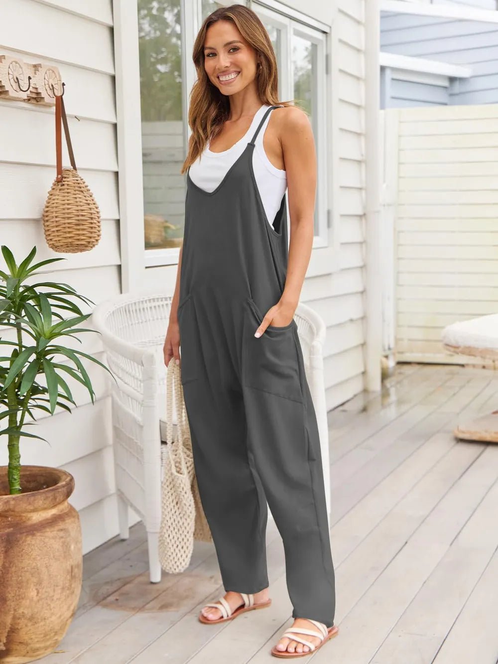 V - Neck Spaghetti Strap Jumpsuit - MAD RUFFI