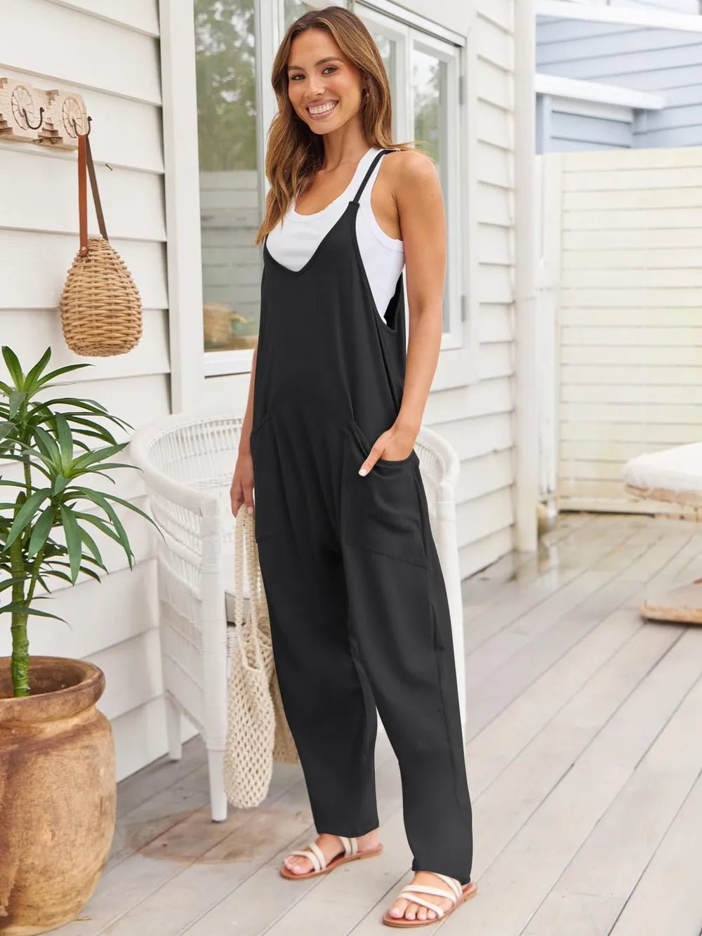 V - Neck Spaghetti Strap Jumpsuit - MAD RUFFI