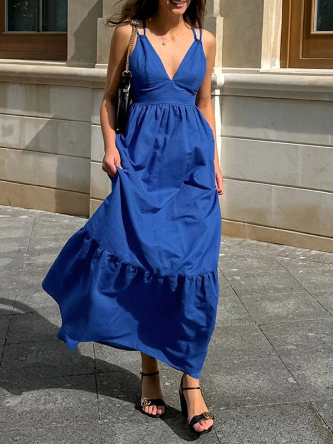 V - Neck Tiered Maxi Cami Dress - MAD RUFFI