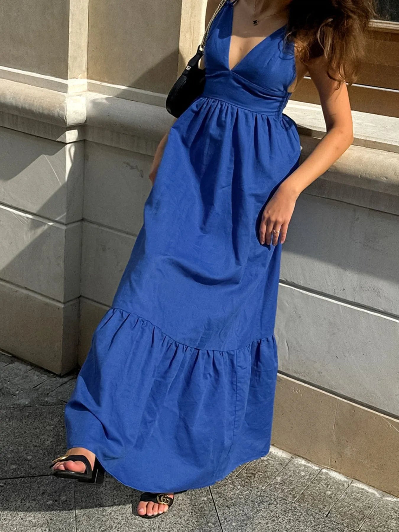 V - Neck Tiered Maxi Cami Dress - MAD RUFFI