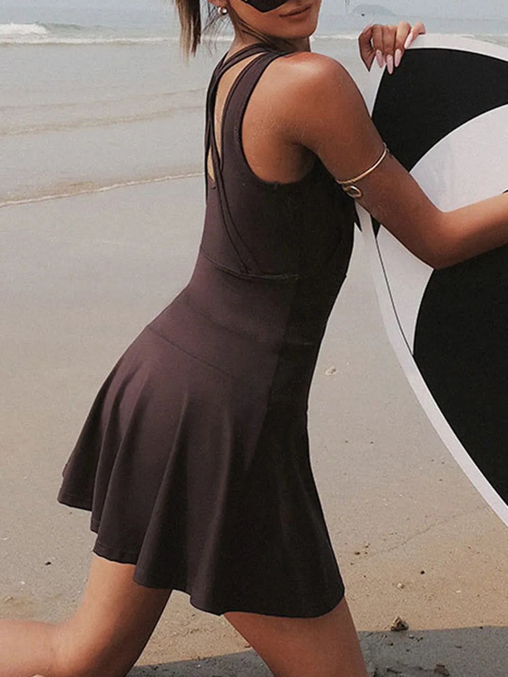 V - Neck Wide Strap Active Dress with Unitard Liner - MAD RUFFI