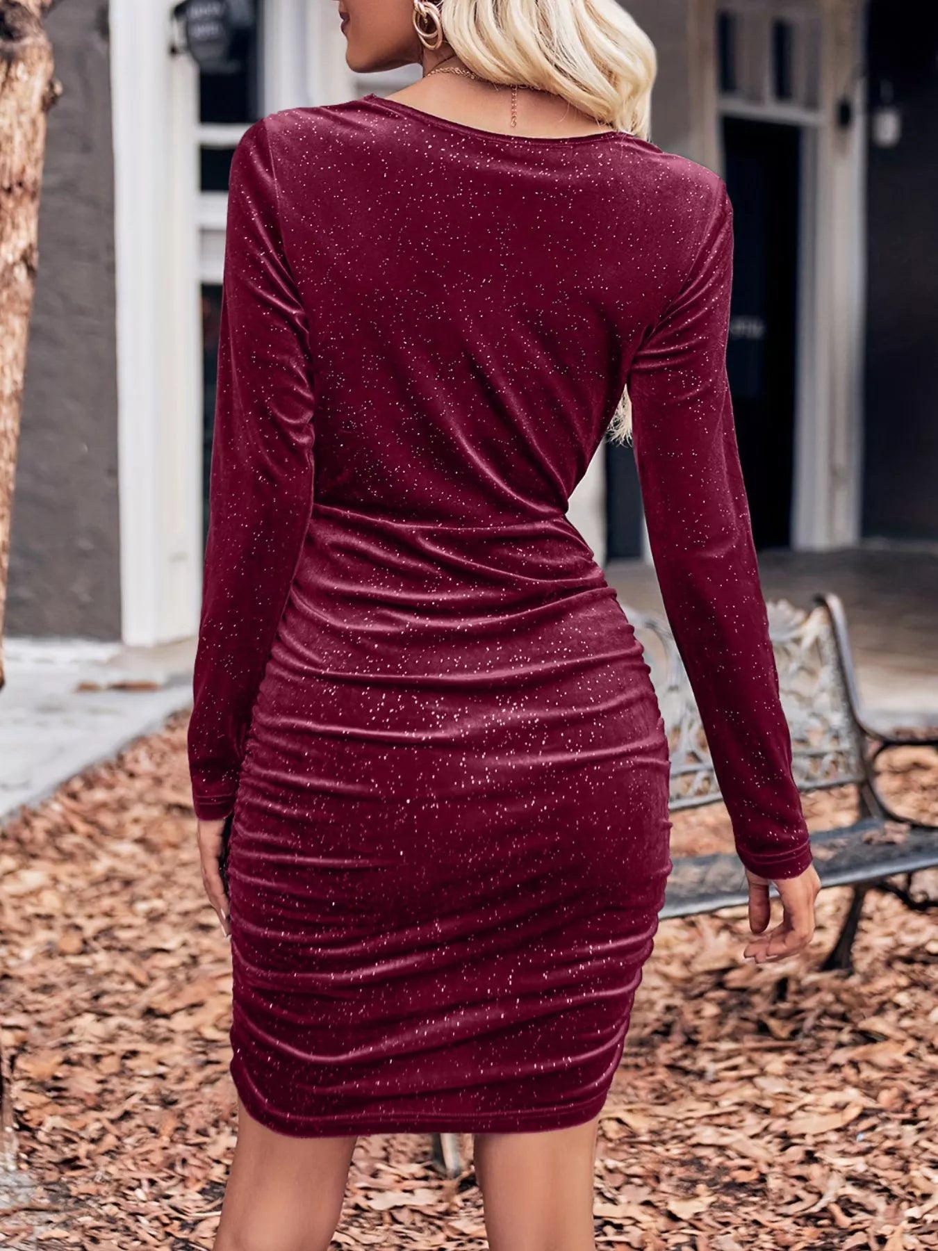 Velvet Cowl Neck Ruched Bodycon Dress - MAD RUFFI