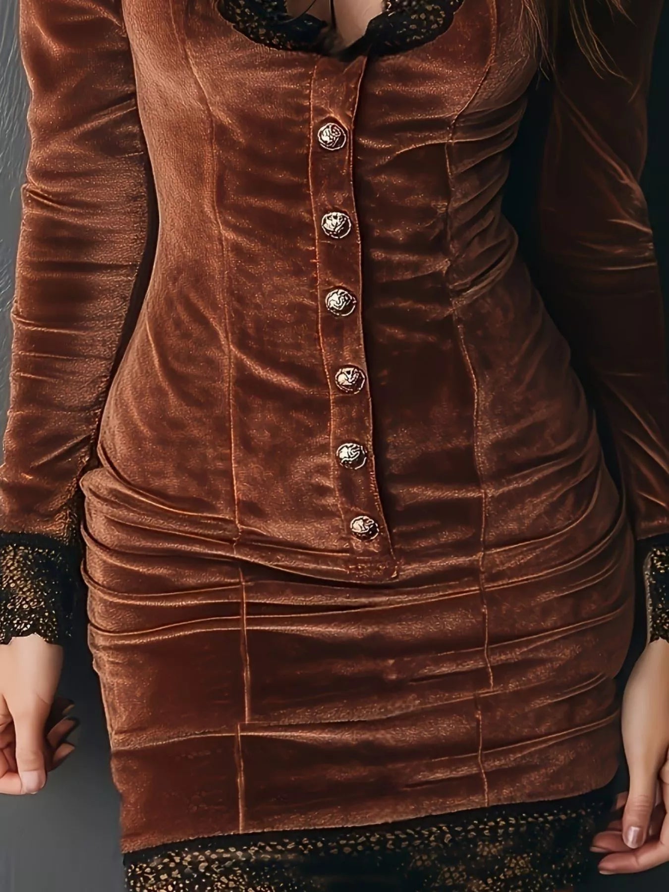 Velvet Lace Trim Bodycon Dress - MAD RUFFI