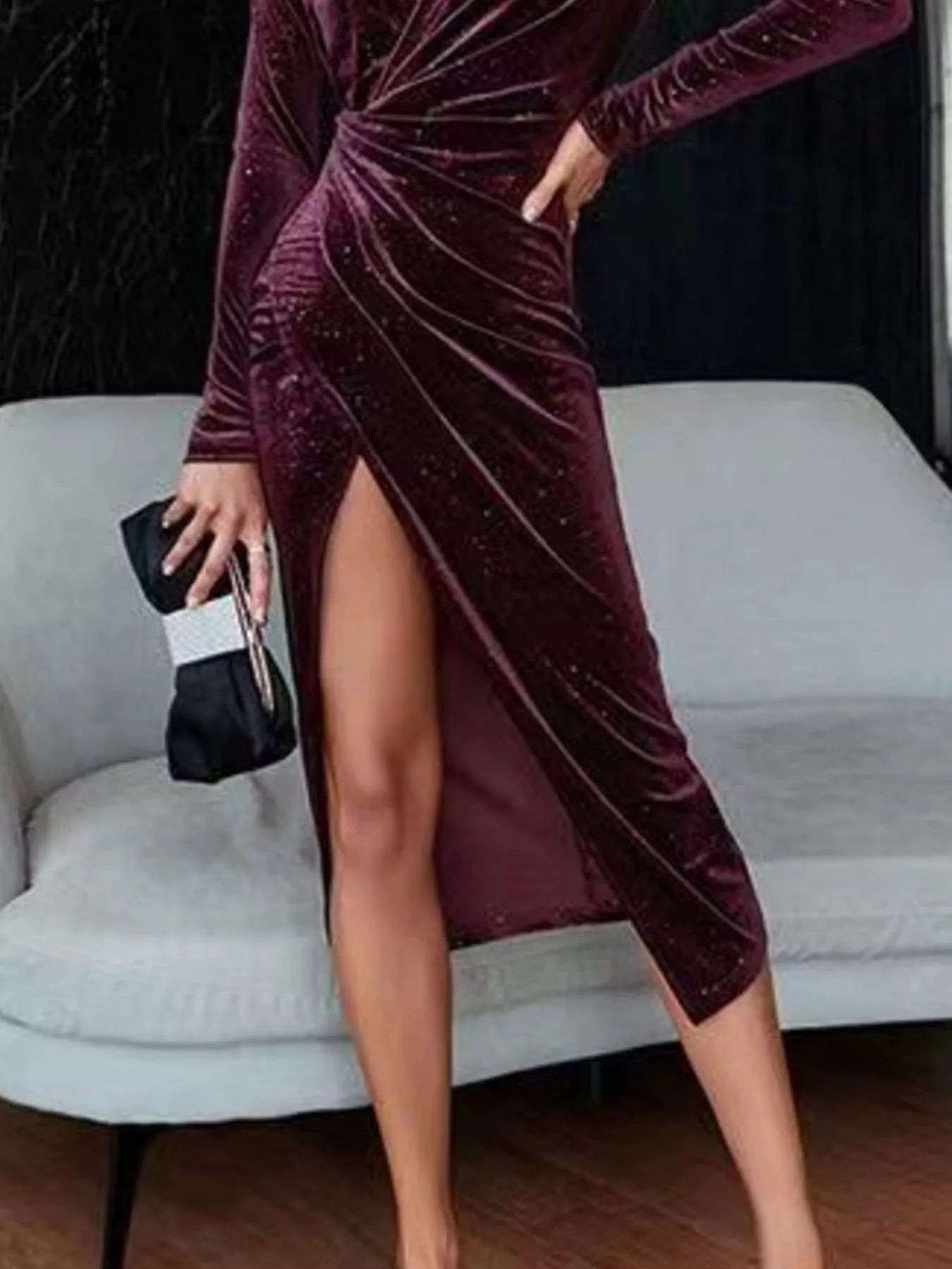 Velvet Ruched Slit Midi Dress - MAD RUFFI