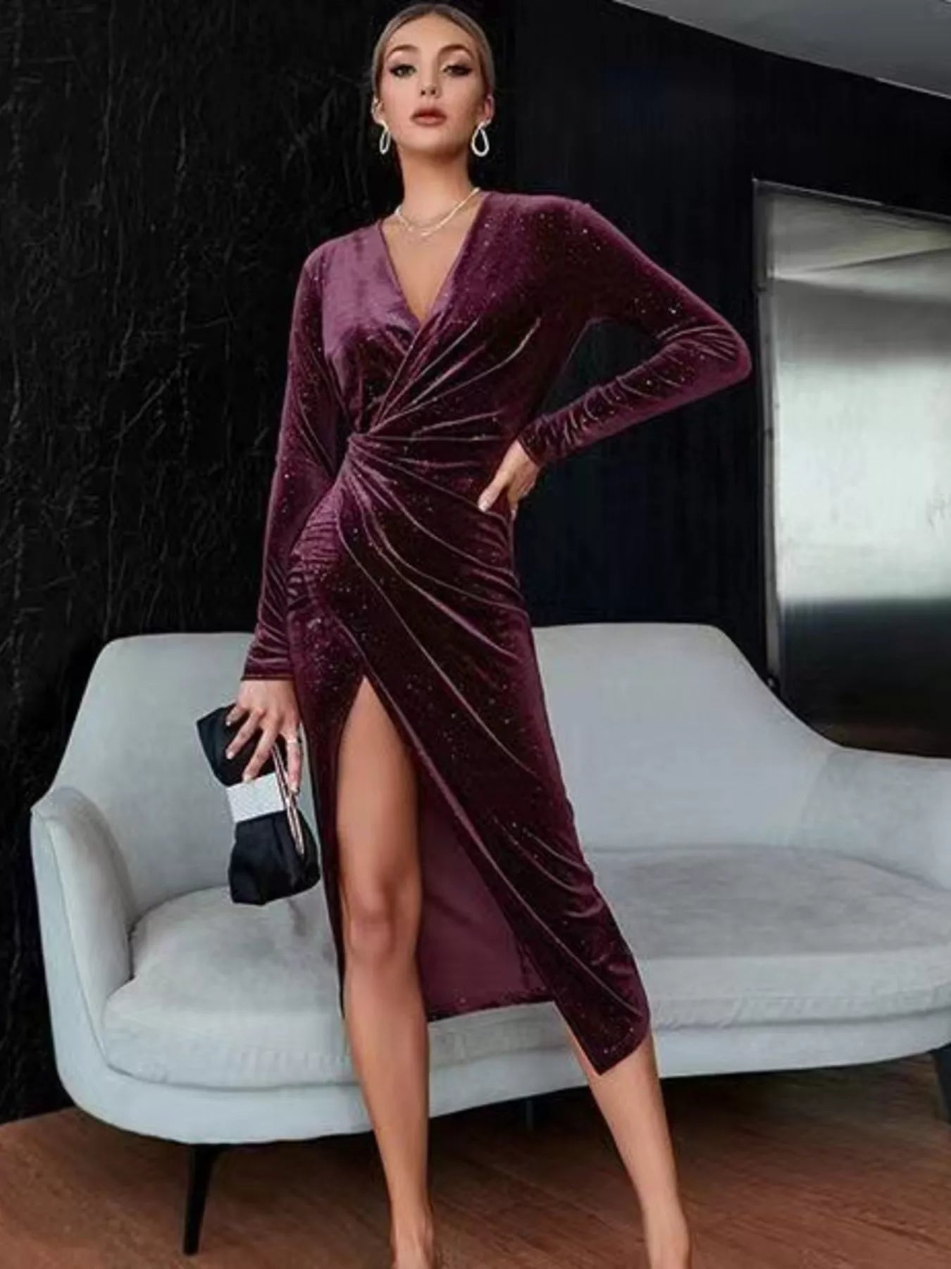 Velvet Ruched Slit Midi Dress - MAD RUFFI