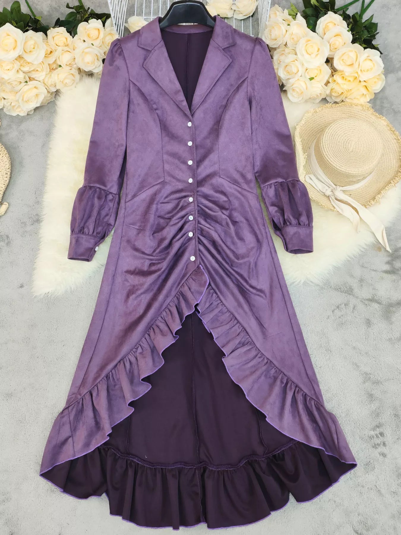 Velvet Ruffle Slit Midi Dress - MAD RUFFI