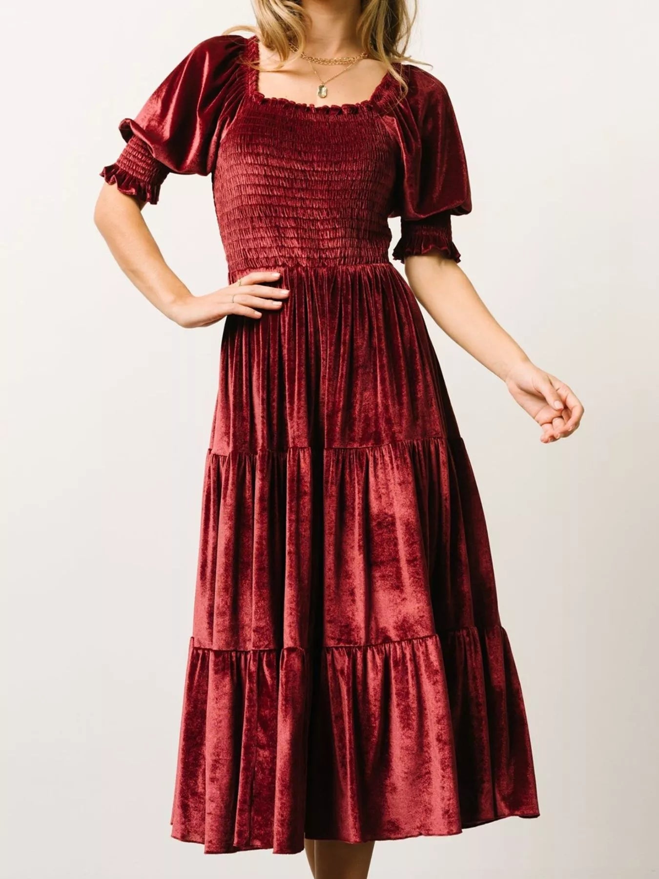 Velvet Smocked Tiered Midi Dress - MAD RUFFI