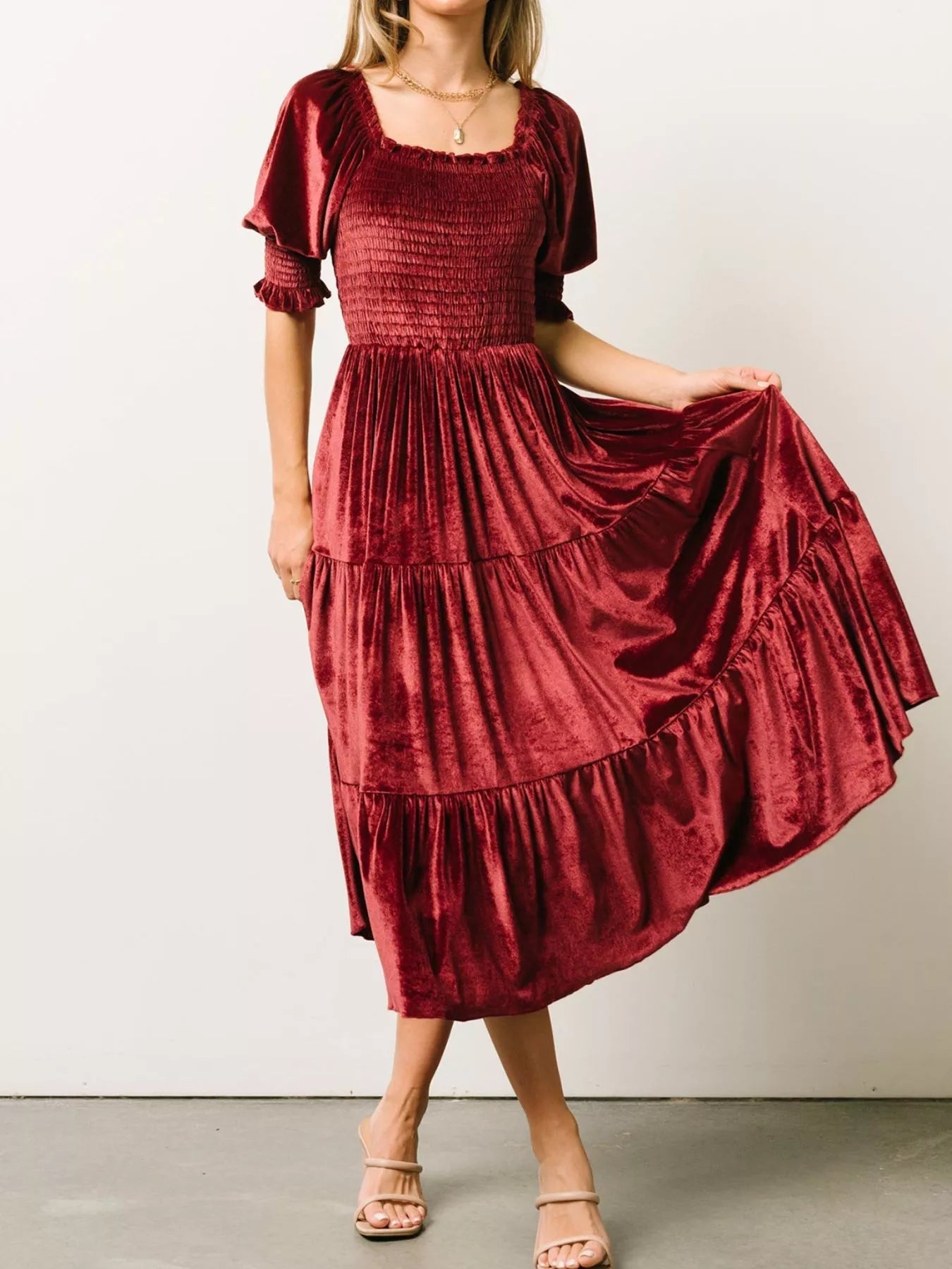 Velvet Smocked Tiered Midi Dress - MAD RUFFI