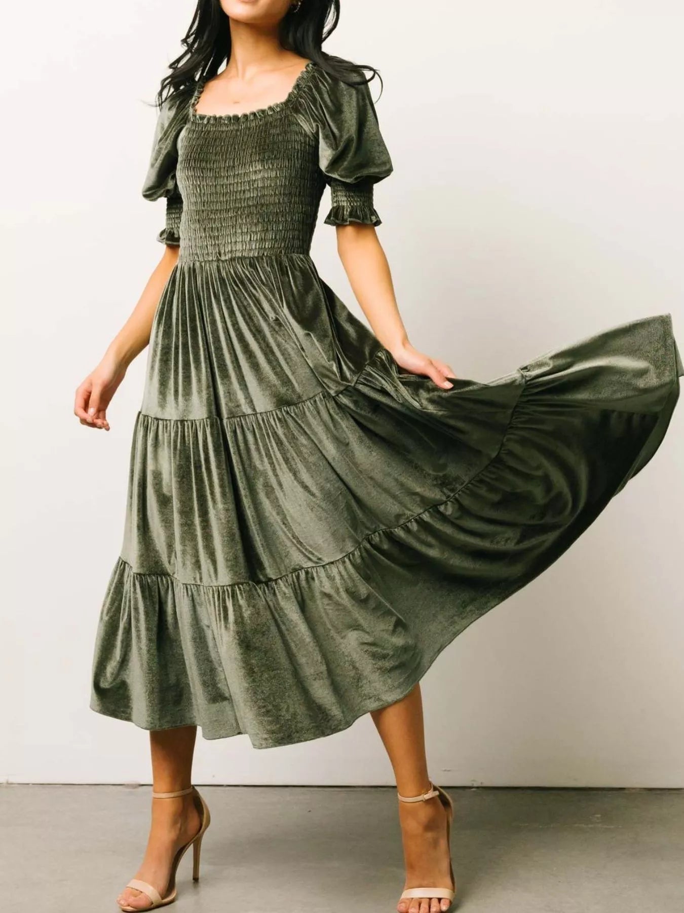 Velvet Smocked Tiered Midi Dress - MAD RUFFI