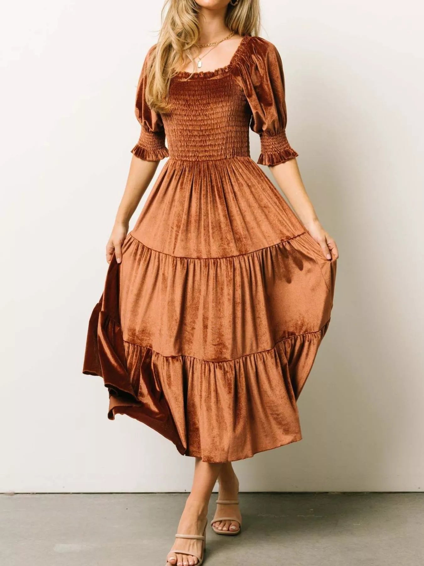 Velvet Smocked Tiered Midi Dress - MAD RUFFI