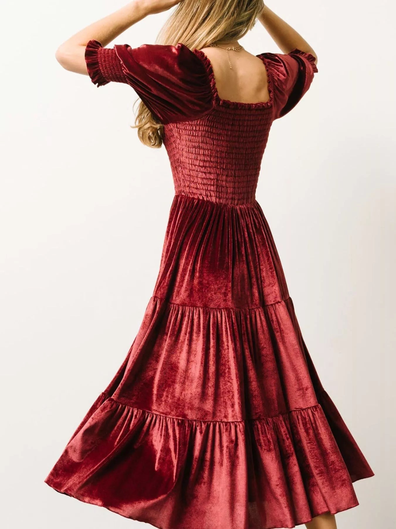 Velvet Smocked Tiered Midi Dress - MAD RUFFI