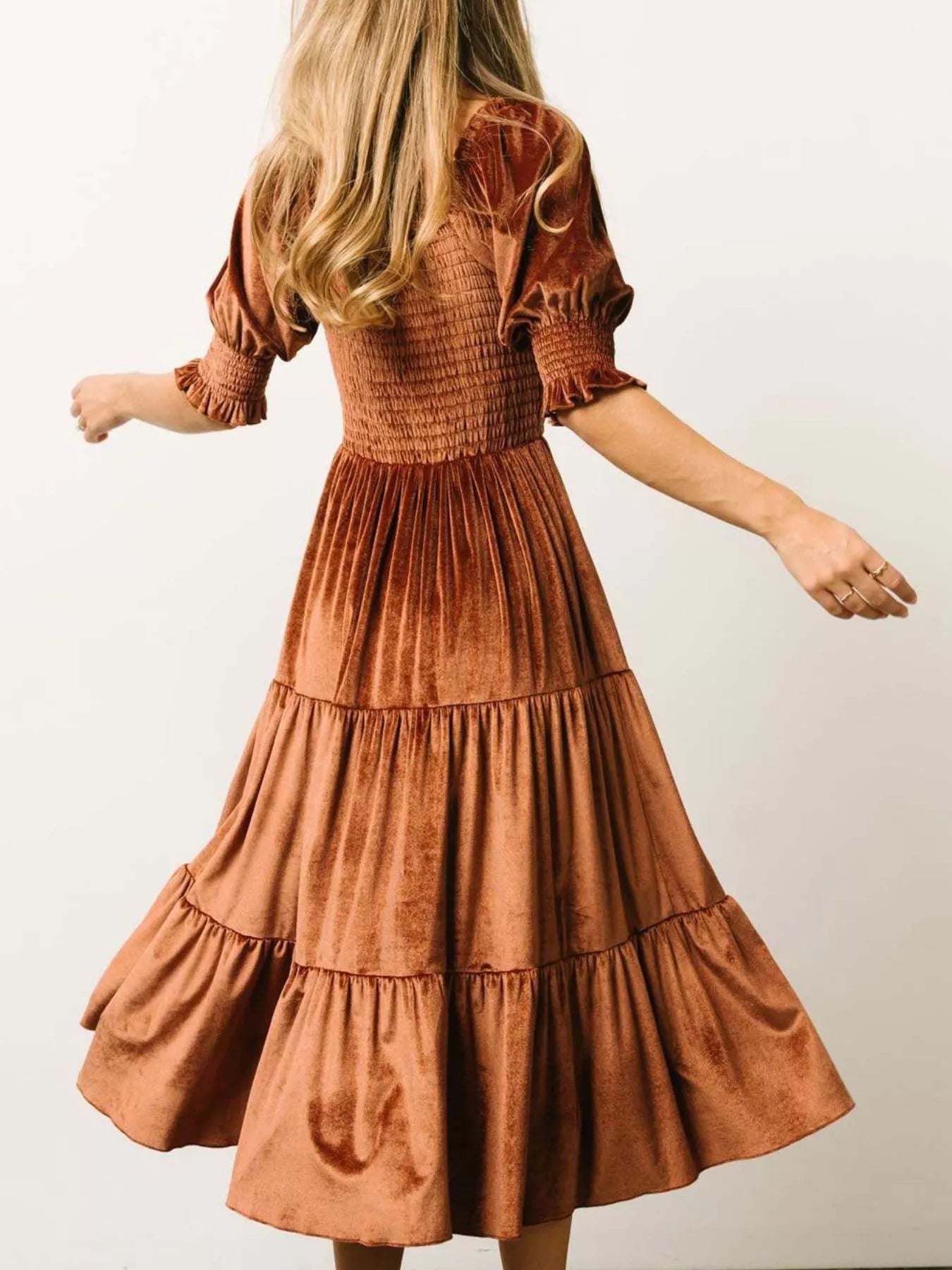 Velvet Smocked Tiered Midi Dress - MAD RUFFI