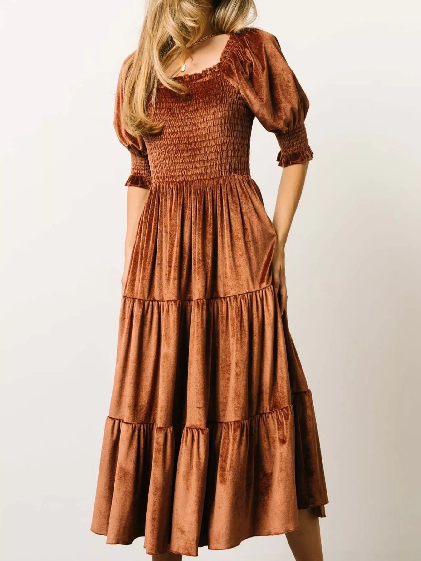 Velvet Smocked Tiered Midi Dress - MAD RUFFI