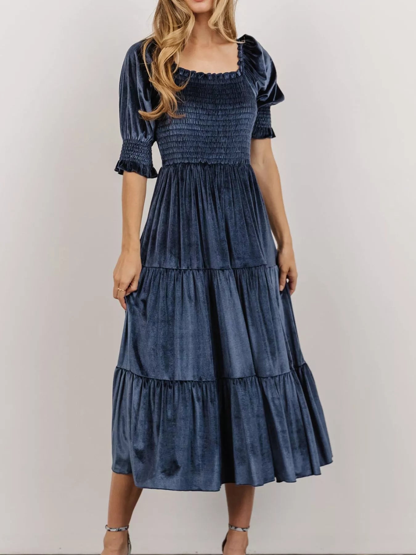 Velvet Smocked Tiered Midi Dress - MAD RUFFI