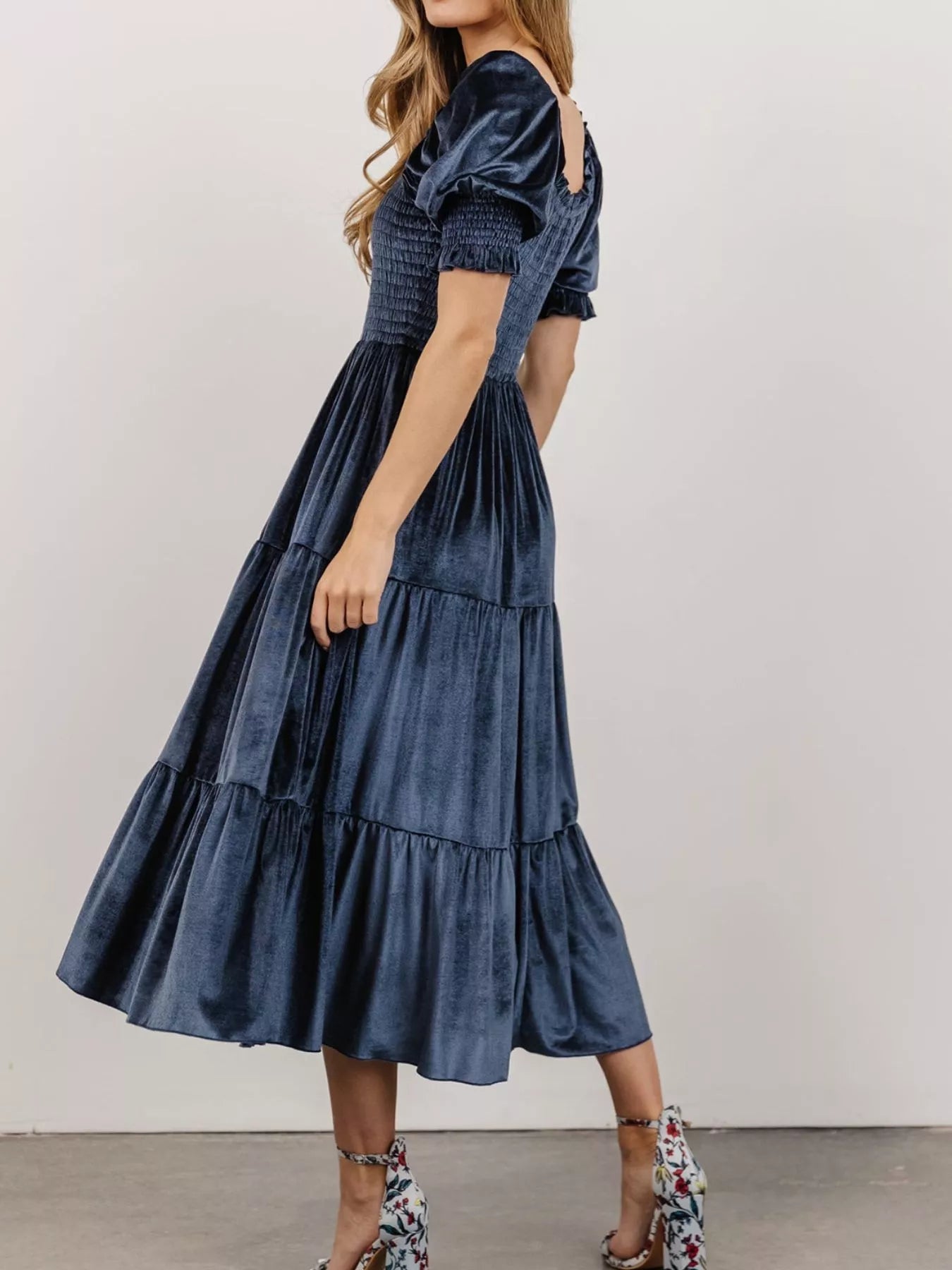 Velvet Smocked Tiered Midi Dress - MAD RUFFI