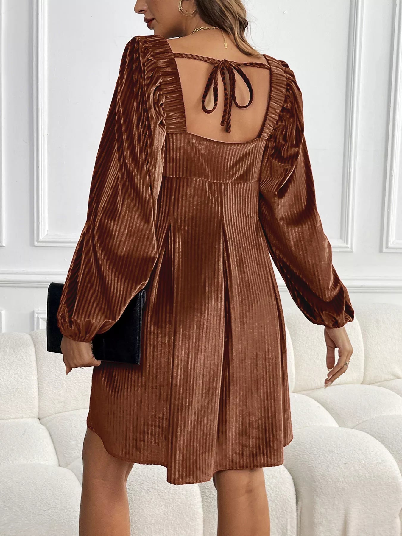 Velvet Square Neck Long Sleeve Dress - MAD RUFFI