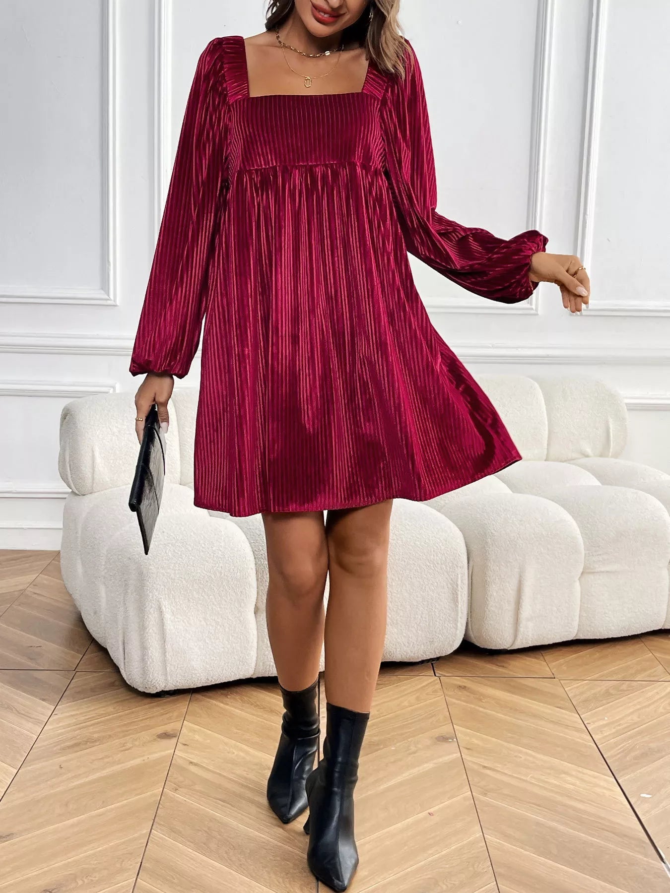 Velvet Square Neck Long Sleeve Dress - MAD RUFFI
