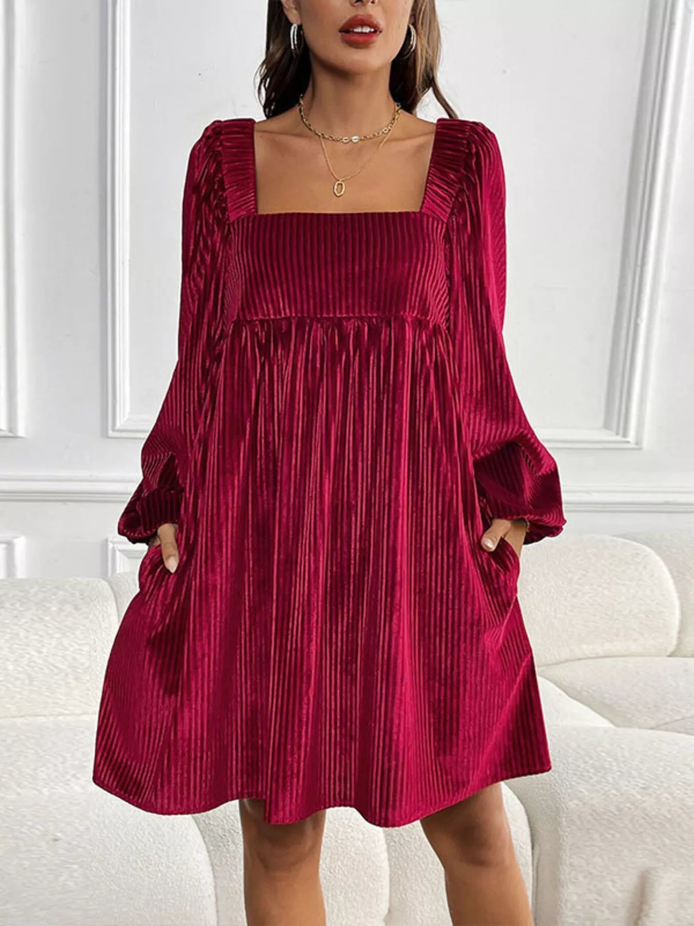 Velvet Square Neck Long Sleeve Dress - MAD RUFFI