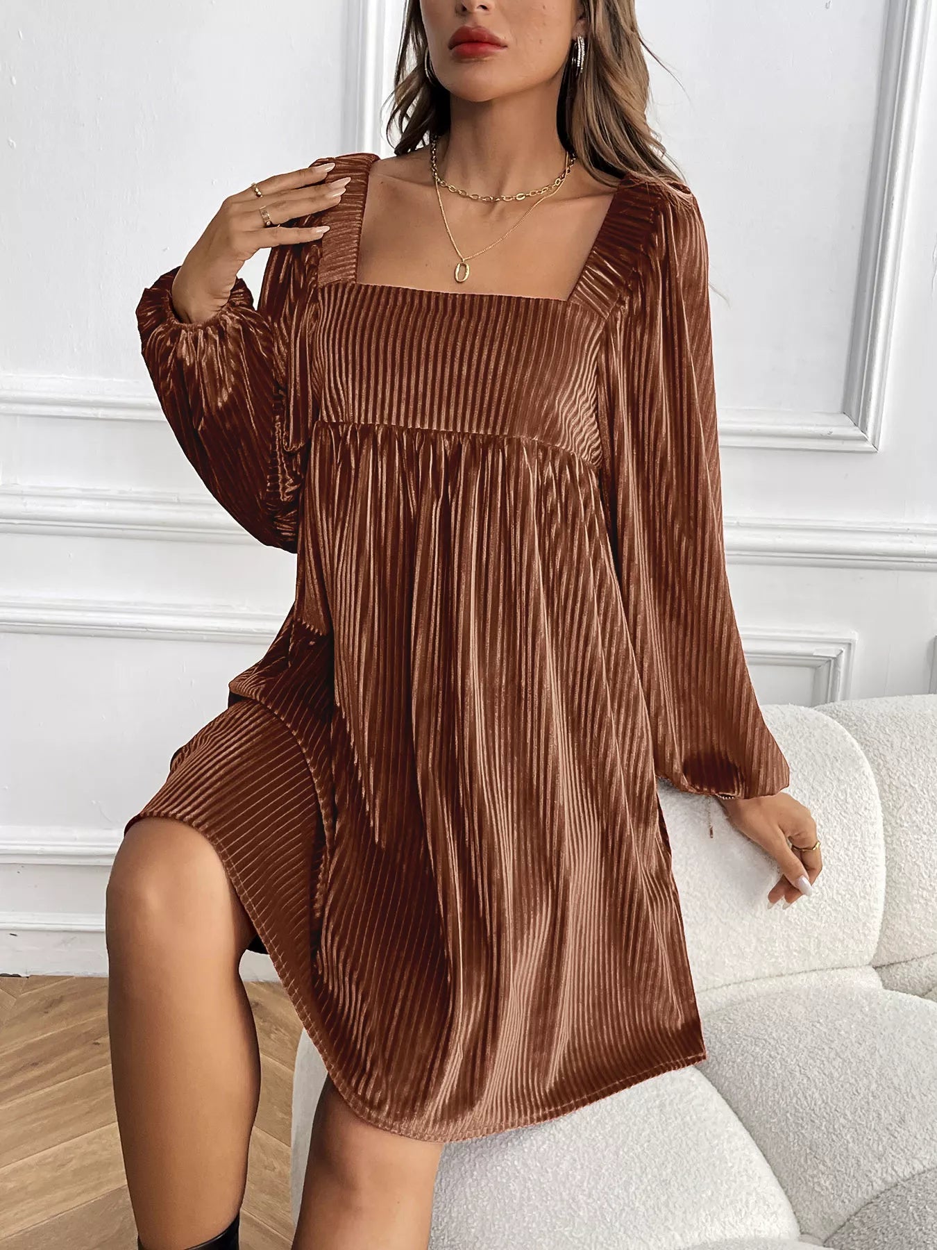 Velvet Square Neck Long Sleeve Dress - MAD RUFFI