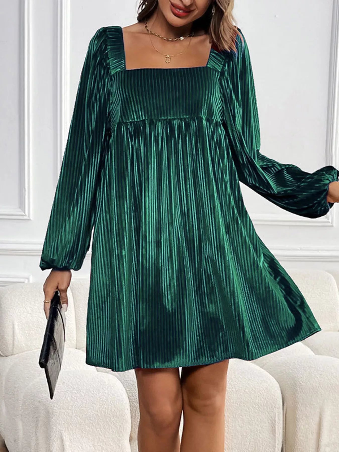 Velvet Square Neck Long Sleeve Dress - MAD RUFFI